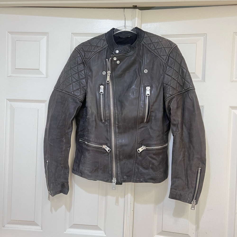 AllSaints  Gray Distressed Leather Jacket Men Size Small Biker Motor Western
